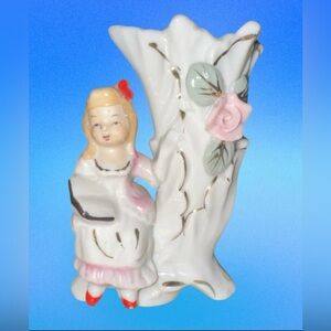 Vintage Porcelain Little Girl On Floral Branch 4 1/4” Vase Planter See Descripti